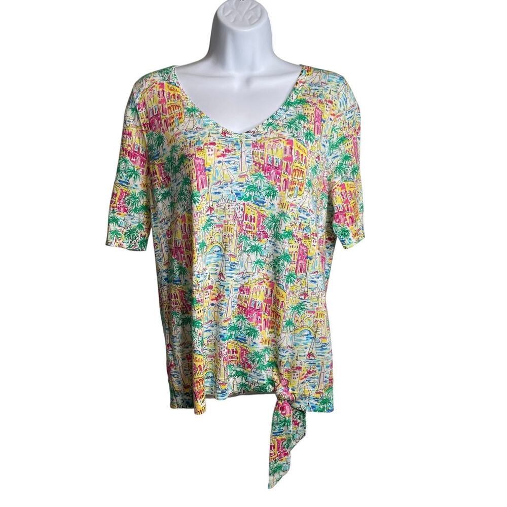 Talbots Santorini Greece V Neck Casual Top Size M Petite Euro Summer Art To Wear